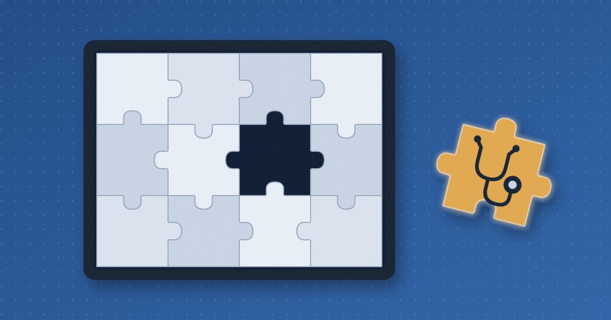A jigsaw puzzle in a dark frame is complete except for one empty slot, while the missing piece, amber and marked with a stethoscope, lies tilted outside the frame.