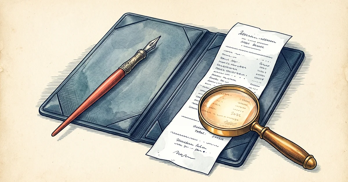 Illustration: an open check presenter contains a pen and receipt, with a magnifying glass resting on the receipt.