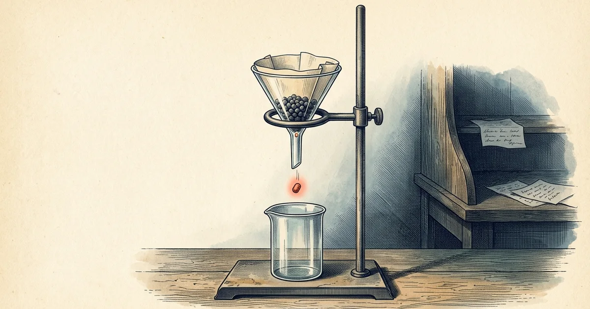 Illustration: a filter funnel on a ring stand holds pellets, with one falling into a beaker below.