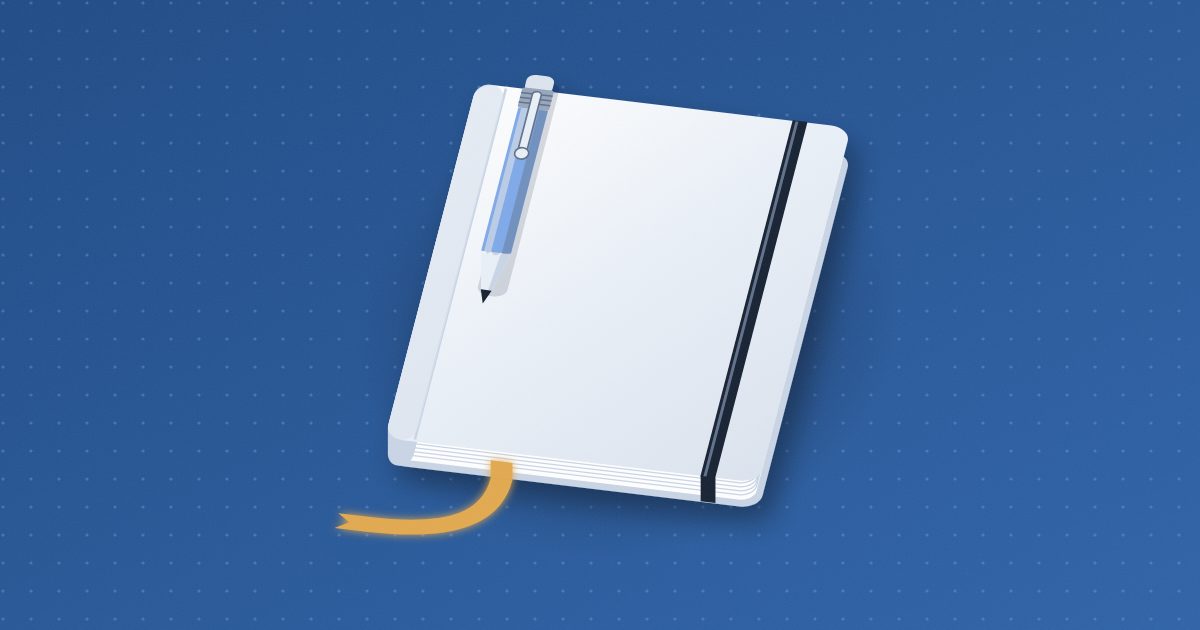 A small closed notebook held shut by an elastic band, with a short pencil clipped to its cover and a glowing amber ribbon bookmark hanging from its pages.