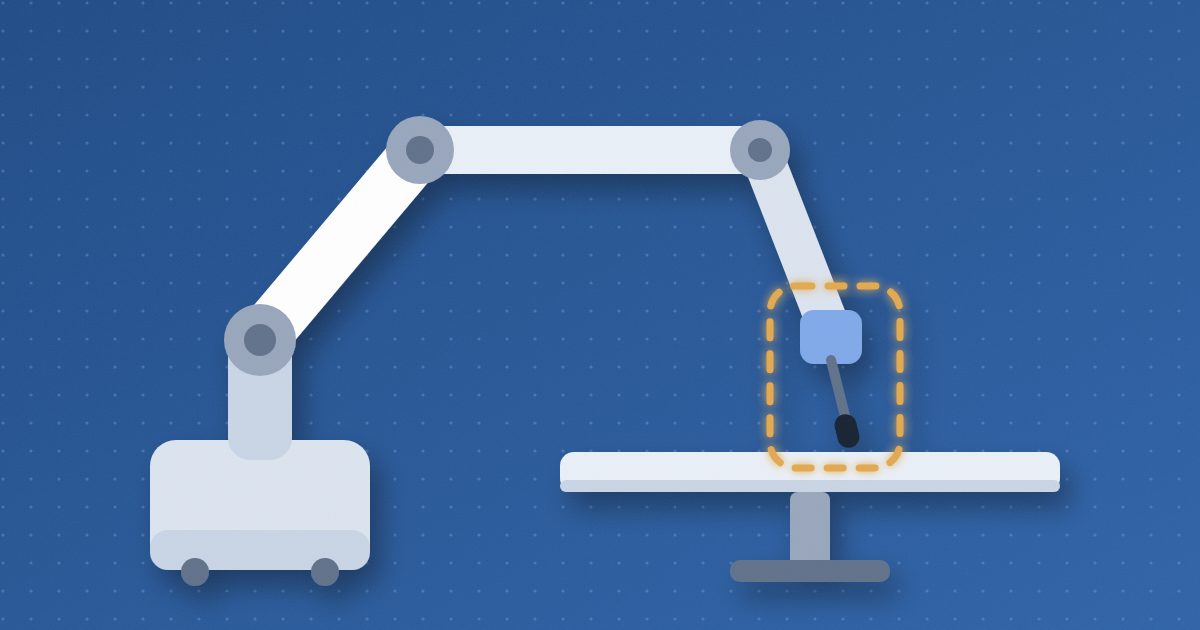 A robotic surgical arm on a wheeled cart reaches over an operating table, its instrument tip framed by a dashed amber boundary.