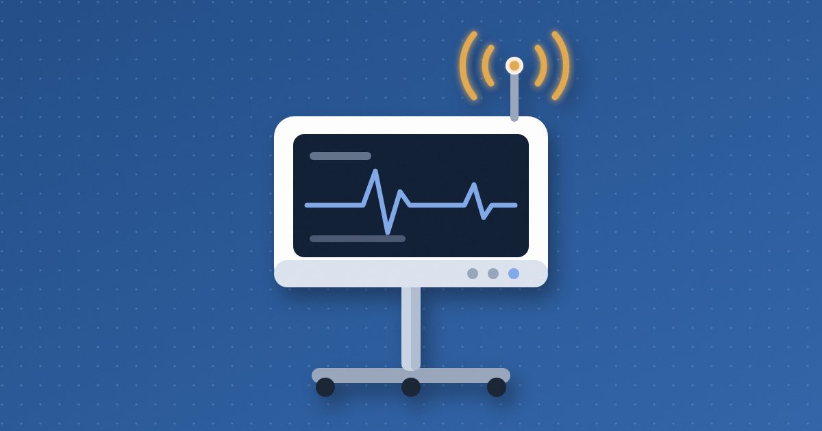A patient monitor on a rolling stand shows a heartbeat trace, with a short antenna on top sending out amber signal arcs.