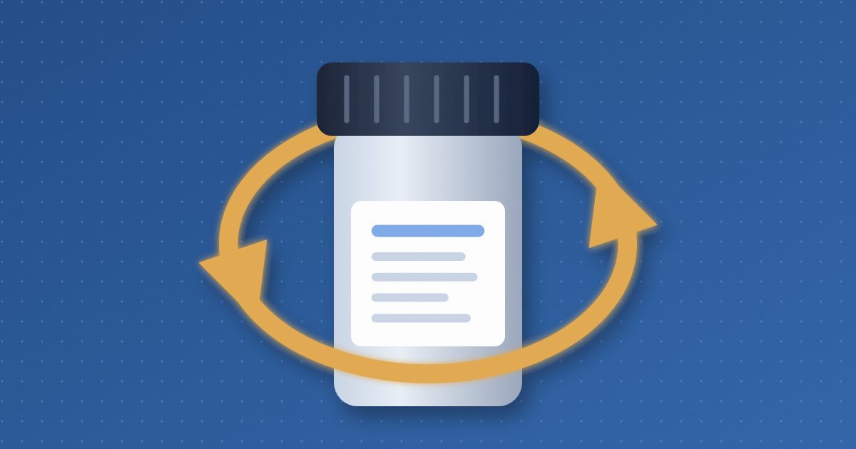 A prescription pill bottle with a navy cap and blank white label, circled by a glowing amber loop of renewal arrows.
