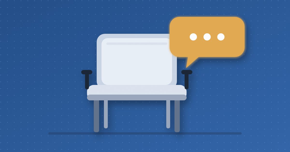 A cushioned waiting-room chair with dark armrests stands empty beneath a glowing amber speech bubble holding three white dots.