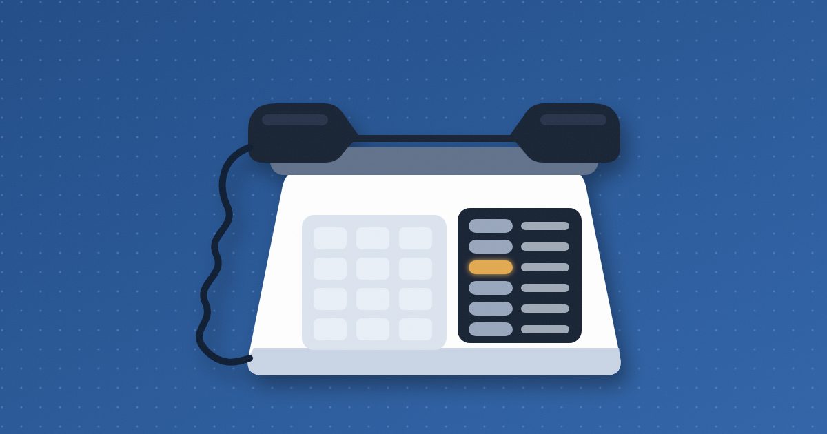 An office desk telephone with its handset in the cradle, a coiled cord and a column of line buttons, one of them glowing amber.