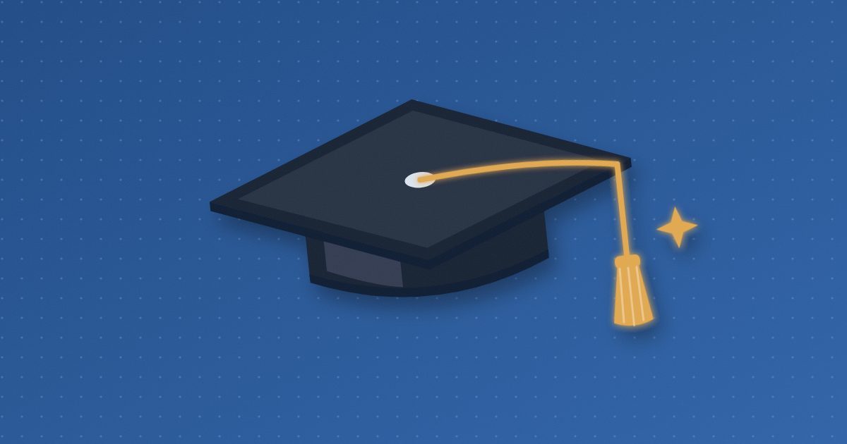 A navy graduation cap tilted on a blue background, its tassel cord and tassel glowing amber beside a small amber sparkle.