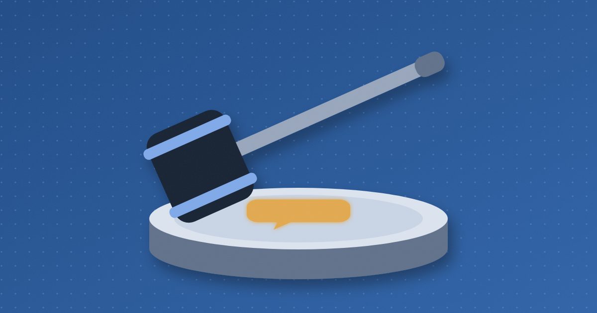 A judge's gavel tilted above a round sound block, with a glowing amber chat bubble resting on the block's top.