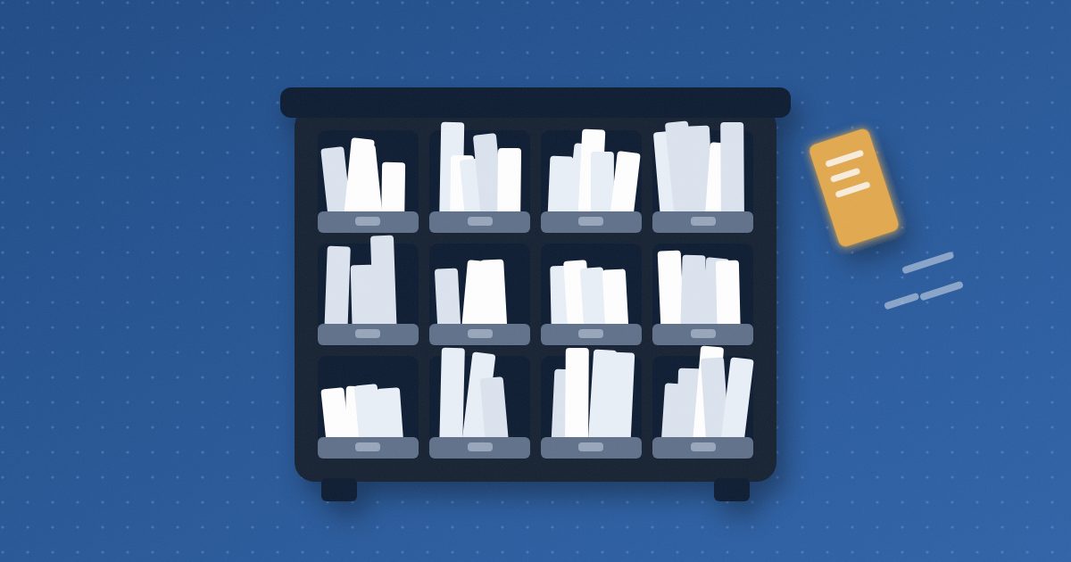 A navy cabinet of sorting cubbies packed with white paper slips, with one glowing amber slip flying in toward it.