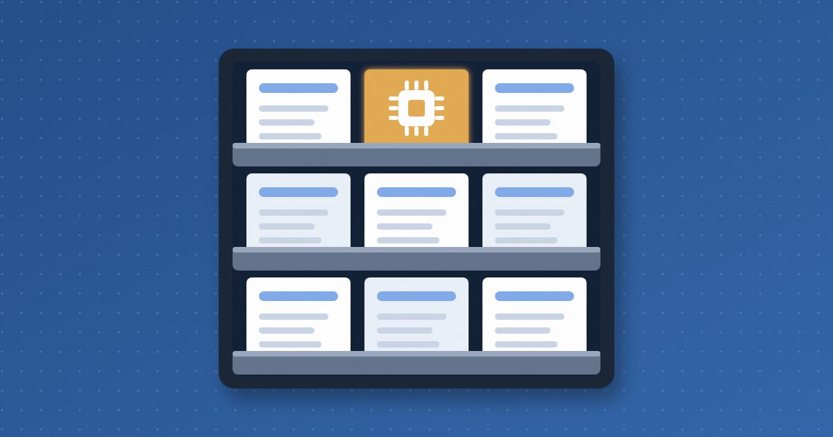 A navy wall rack of journals on three shelves, with one cover in the top row glowing amber and marked with a white microchip.