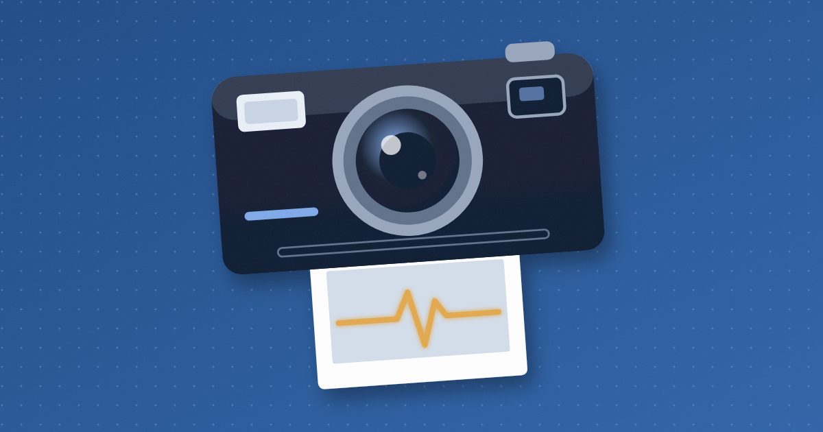 A navy instant camera ejecting a white print that shows a glowing amber heartbeat line.