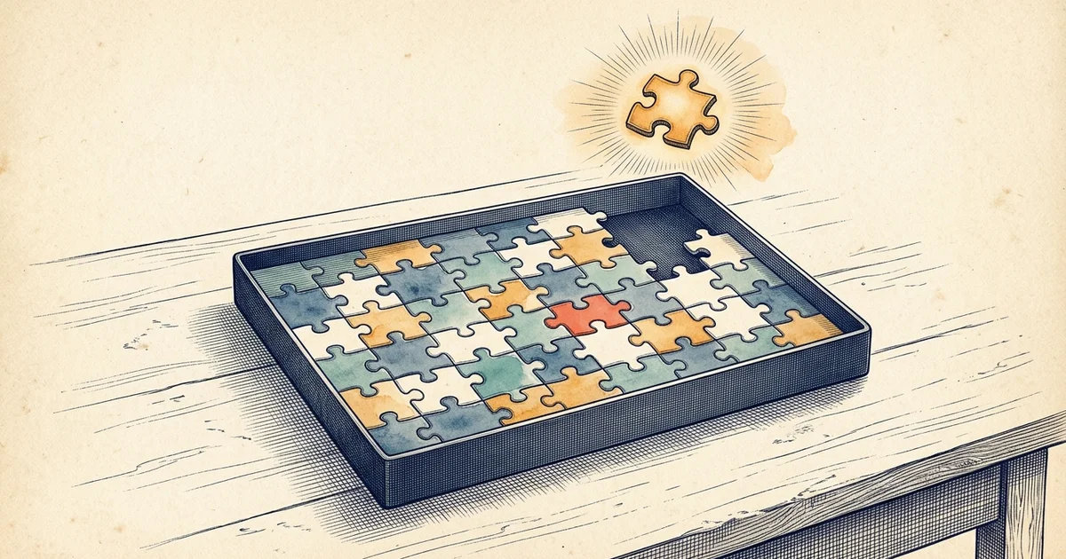 Illustration: a jigsaw puzzle tray on a wooden table with one empty corner slot and a glowing piece hovering above it.