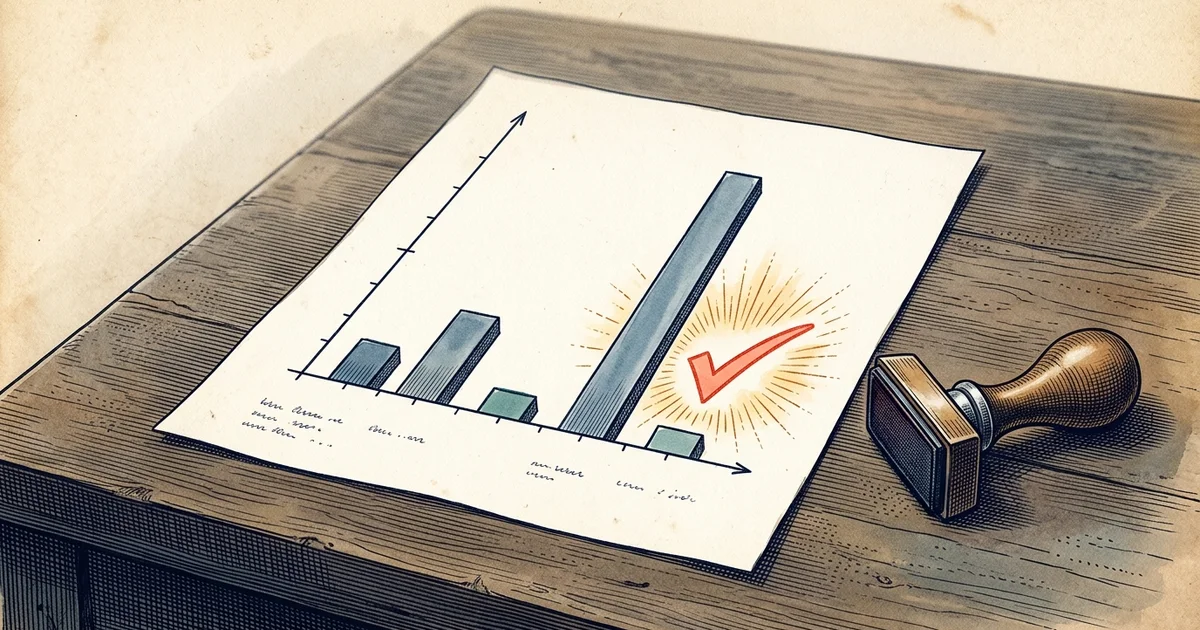 Illustration: a bar chart on paper with a glowing check mark stamp and a wooden rubber stamp on a wooden table.