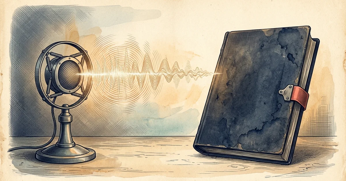 Illustration: a vintage microphone emitting sound waves towards a closed folder.