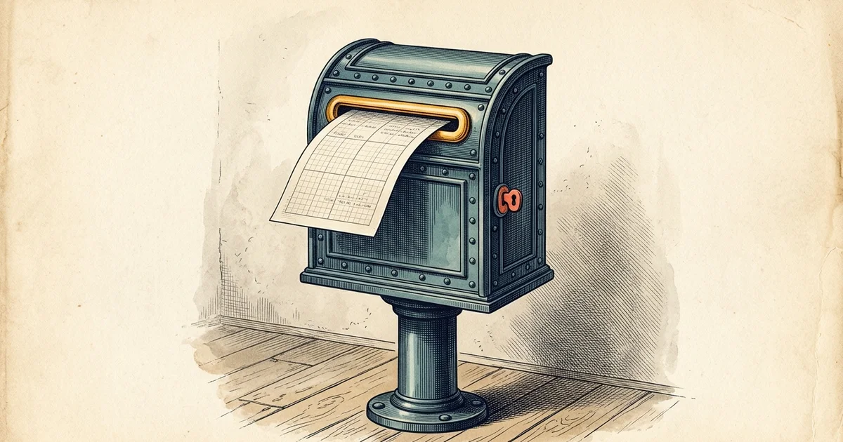 Illustration: a navy drop box on a short post with a grid-lined sheet sliding into its amber-rimmed slot.