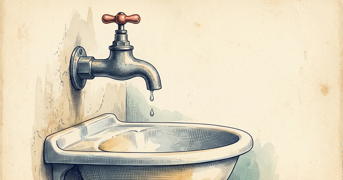 Illustration: a wall-mounted faucet dripping water into a basin.