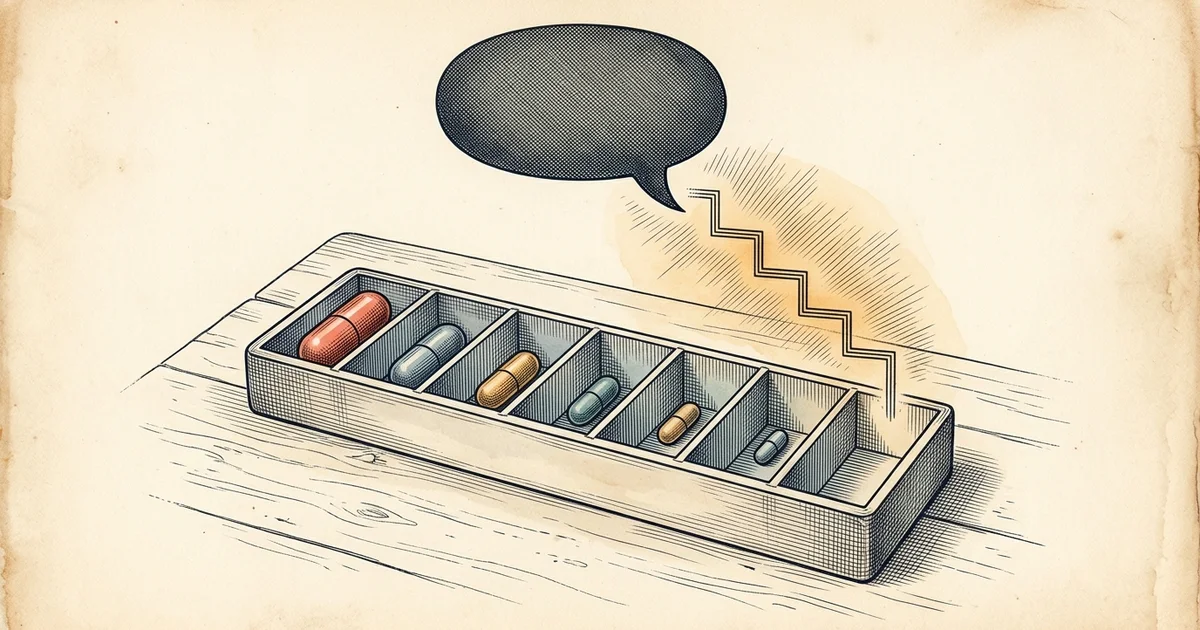 Illustration: a pill organizer with compartments holding progressively smaller capsules leading to an empty box, with a zigzag line from a speech bubble.