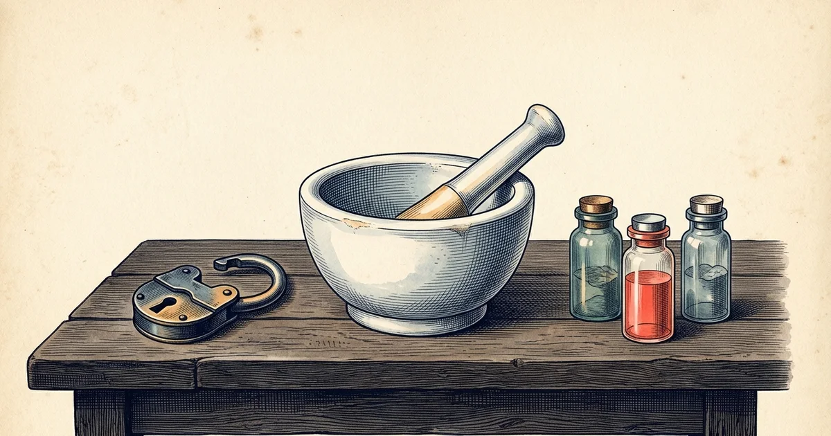 Illustration: a mortar and pestle sit on a wooden table next to an open padlock and three glass vials.