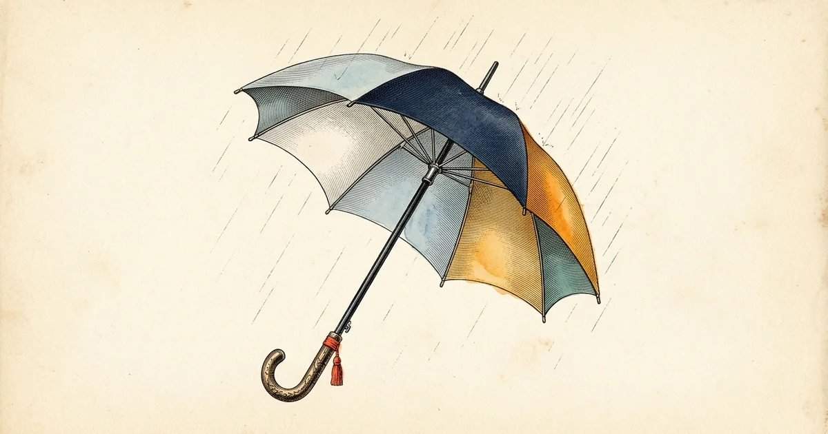 Illustration: an open umbrella in the rain.