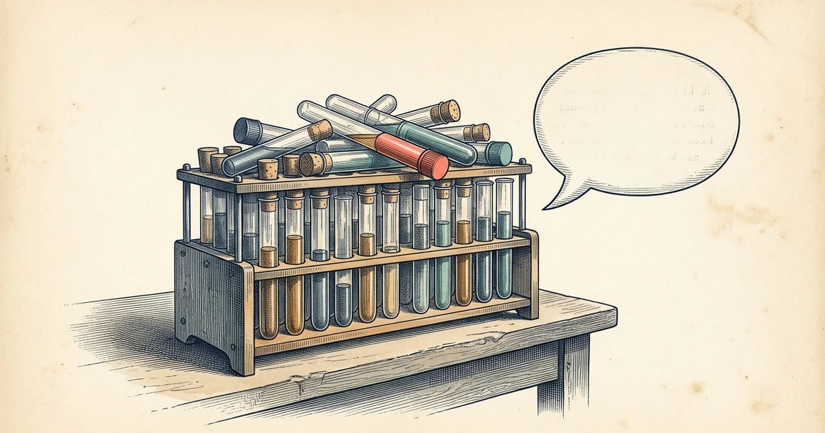 Illustration: a test tube rack filled with test tubes, with more tubes piled on top and a speech bubble to the right.