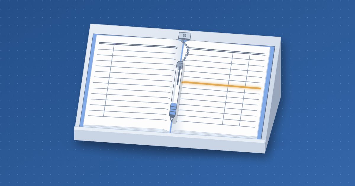 An open sign-in ledger on a slanted desk stand, its ruled pages blank, a pen on a beaded chain in the gutter and one line on the right page glowing amber.