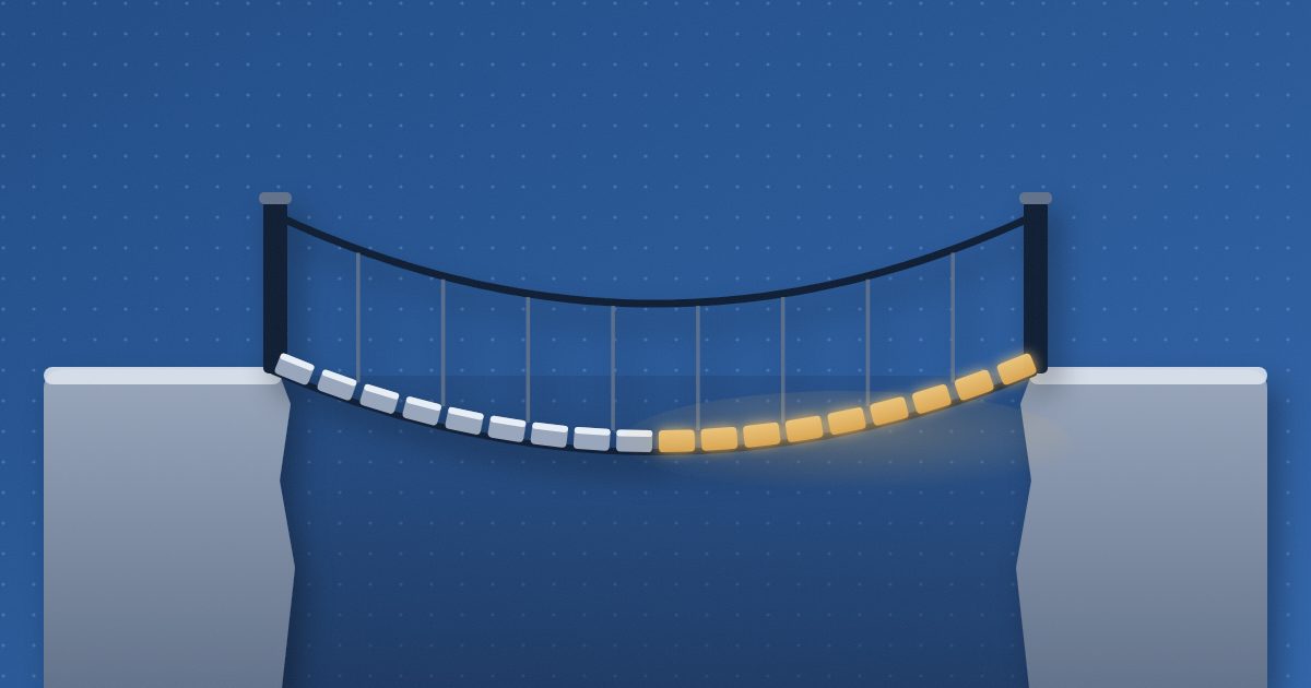 A rope footbridge across a gap between two rock ledges, half of its planks ordinary gray boards and the other half glowing amber light.