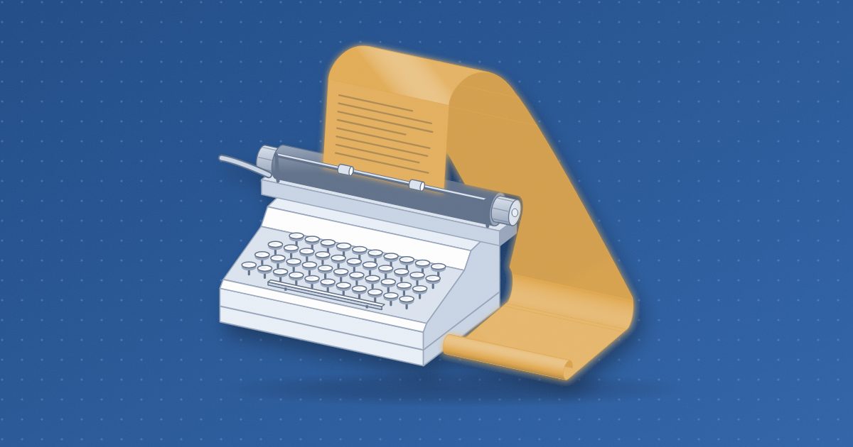 A manual typewriter with plain round keys, a long glowing amber sheet of paper rising from its platen and looping over the back to the floor.