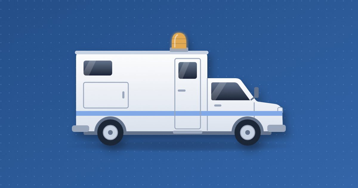 A boxy white ambulance seen from the side, with plain panels and windows and a single glowing amber beacon on its roof.