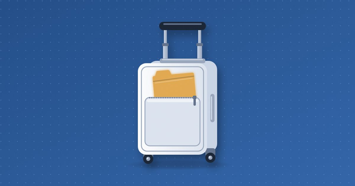 A carry-on rolling suitcase stands upright on two small wheels, its handle extended and a glowing amber file folder sticking out of its front pocket.