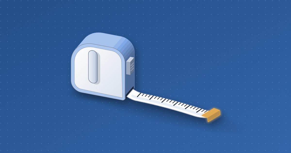 A retractable tape measure lying on the floor, its blade pulled out in a gentle curve with plain tick marks and a glowing amber end hook at the tip.
