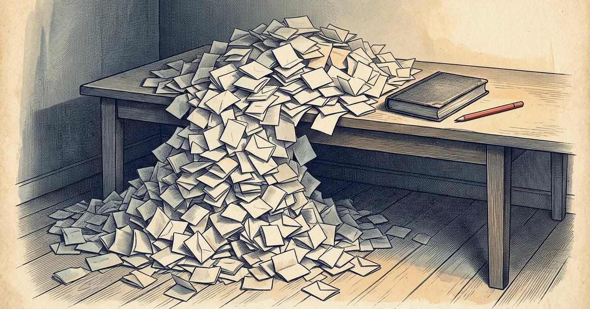 Illustration: a large pile of folded notes spills off a desk onto the floor beside a book and pencil.