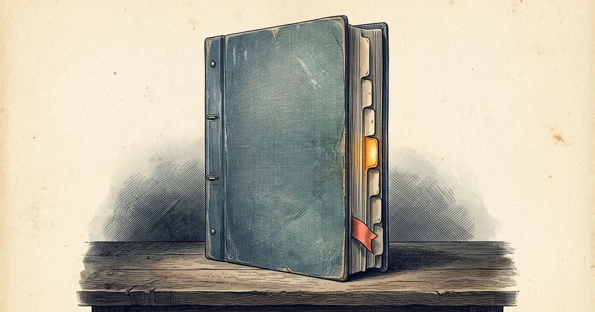 Illustration: a thick ring binder with divider tabs stands upright on a wooden table.