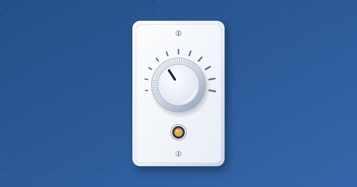 A rotary dimmer switch on a white wall plate, its knurled knob turned two thirds of the way down its arc of ticks, beside a glowing amber indicator light.