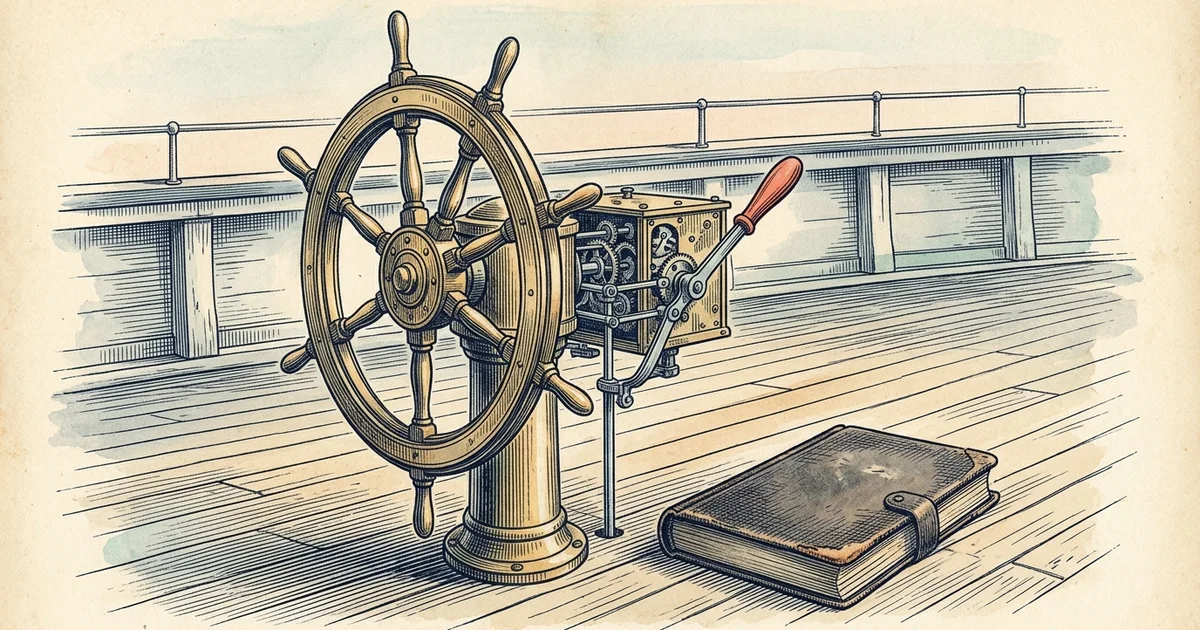 Illustration: a brass ship's steering wheel with a clockwork mechanism, a red lever, and a closed logbook on a wooden deck.