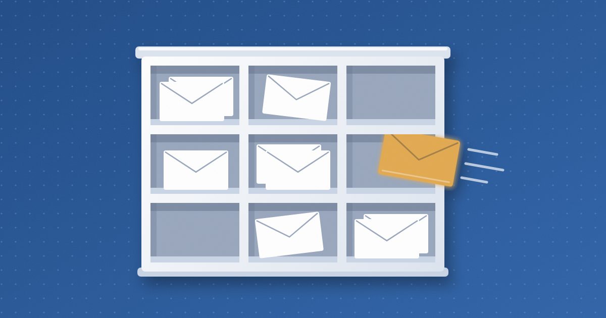 A wall-mounted mail sorter with nine pigeonholes, some holding plain white envelopes, as a glowing amber envelope slides into an empty slot.