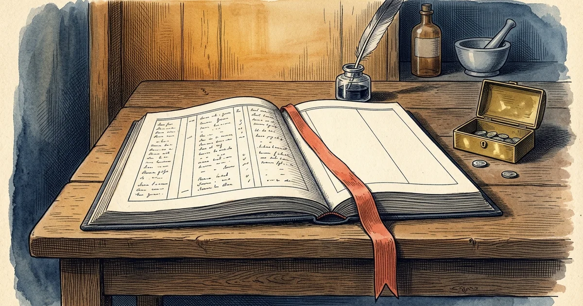 Illustration: an open ledger on a wooden desk with an inkwell, quill, small box with coins, bottle, and mortar with pestle.