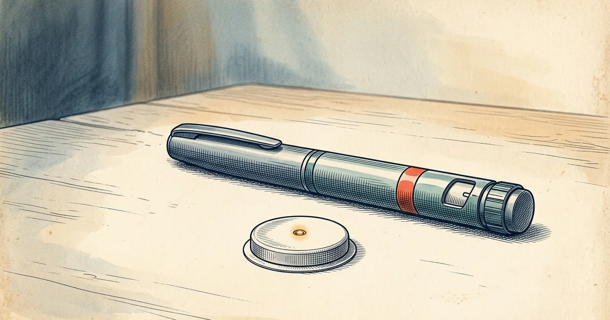 Illustration: a small round sensor disc on a table in front of an insulin pen.