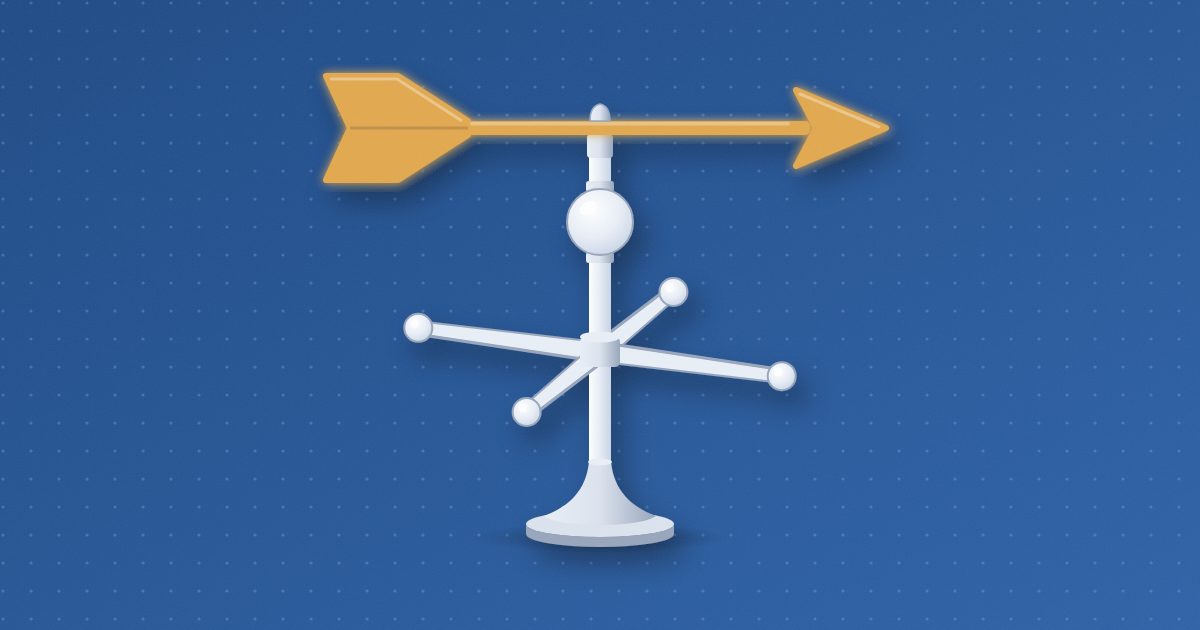 A rooftop weathervane on a short pole with a ball finial and four plain compass crossbars, its arrow with a flat tail fin glowing amber on top.
