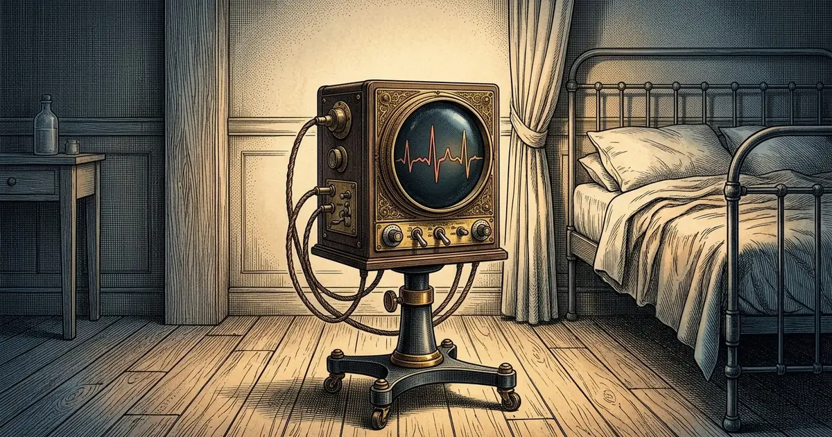 A bedside cardiac monitor on a short stand, its dark screen showing a single rhythm trace.