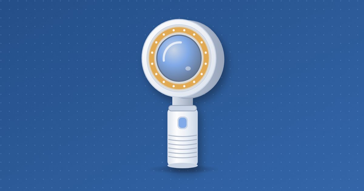 A handheld dermatoscope standing upright on its short ribbed grip, its round lens head facing the viewer with an amber ring of light around the lens.
