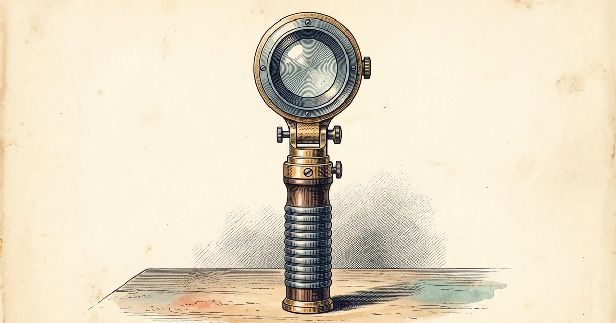 A handheld dermatoscope standing upright on its ribbed grip, its round lens head facing the viewer.