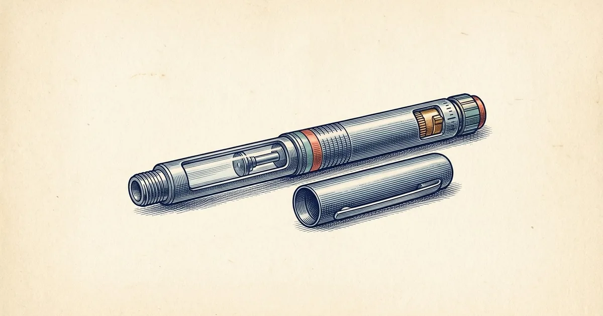 An insulin pen lying at a slight angle with its cap beside it, showing a clear cartridge window and a dose knob with plain tick marks.