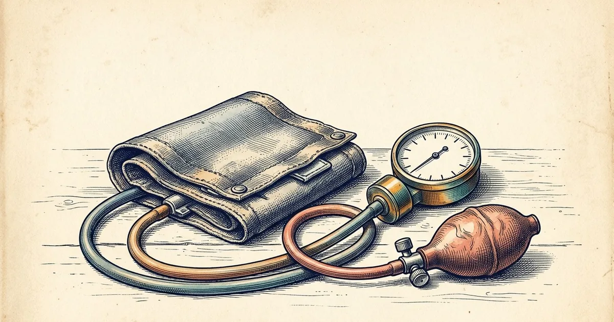 A folded blood pressure cuff with a round gauge that has plain tick marks, a rubber squeeze bulb and coiled tubing.