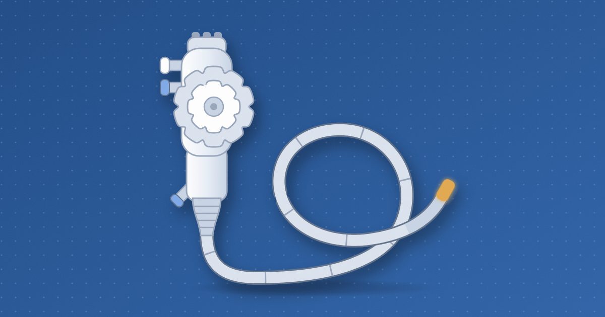 A flexible endoscope with its control head and two round angulation wheels, the long insertion tube coiling in a loose loop to a glowing amber tip.
