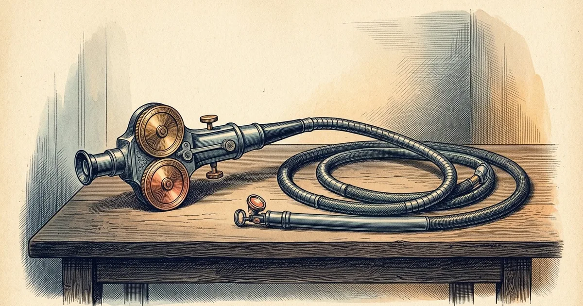 A flexible endoscope with its control head and two round angulation wheels, its long insertion tube coiling in a loose loop on a table.