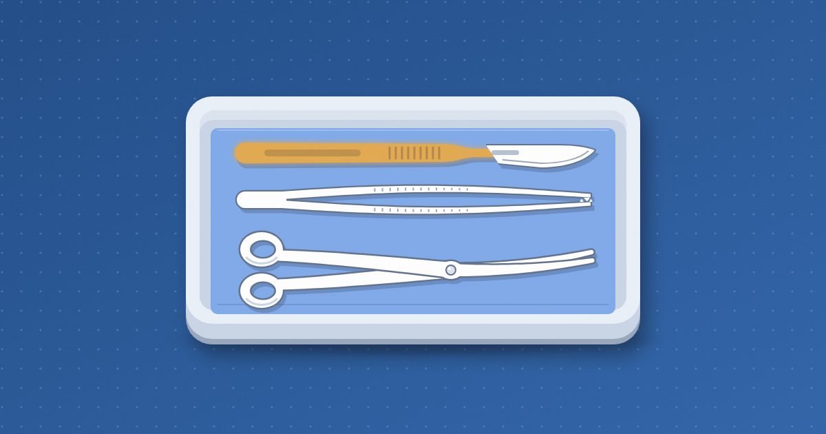 An instrument tray lined with a blue towel, holding a scalpel with an amber handle, toothed forceps and curved scissors laid side by side.