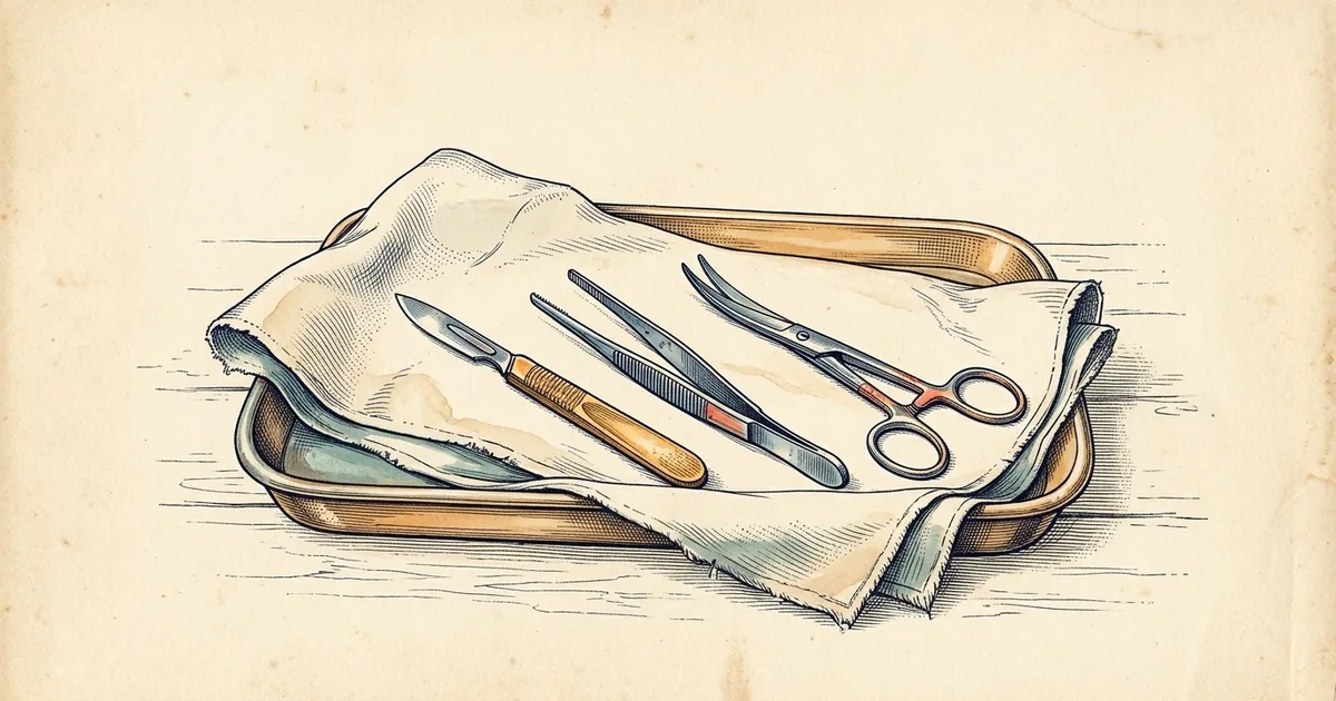 An instrument tray lined with a folded cloth, holding a scalpel, toothed forceps and curved scissors laid side by side.