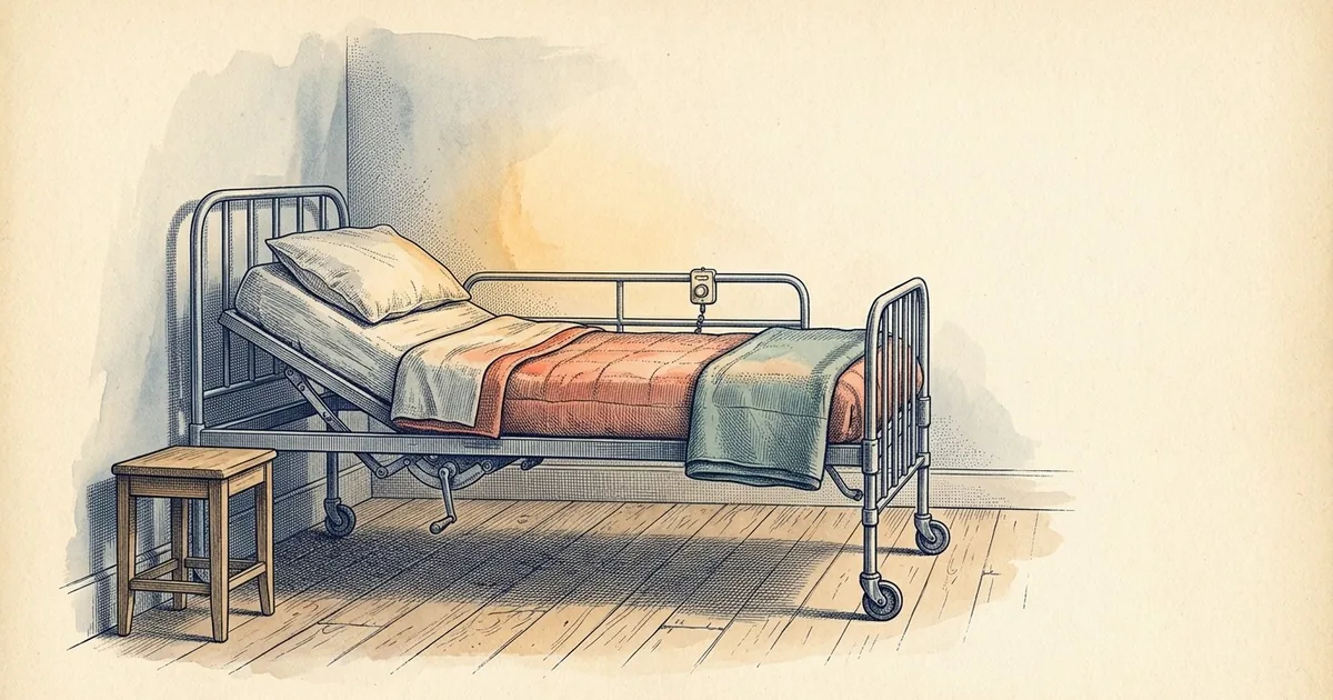 A hospital bed in side view with the head section raised, a pillow, wheels and a side rail carrying a small call button.