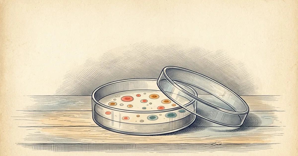 A petri dish of pale agar dotted with round colonies of a few sizes, its clear lid tilted against it.