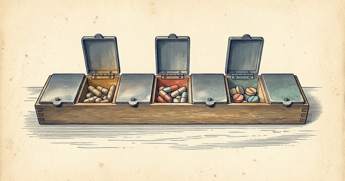 A weekly pill organizer with seven compartments in a row and plain lids, three lids flipped open to show pills.