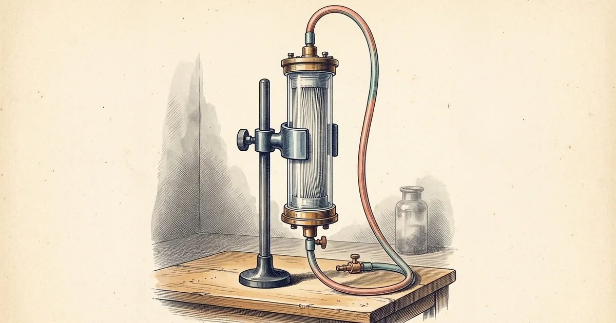 A hollow-fiber dialyzer held upright in a clamp on a short pole, its clear housing showing fine fibers, with tubing arching from its top cap.